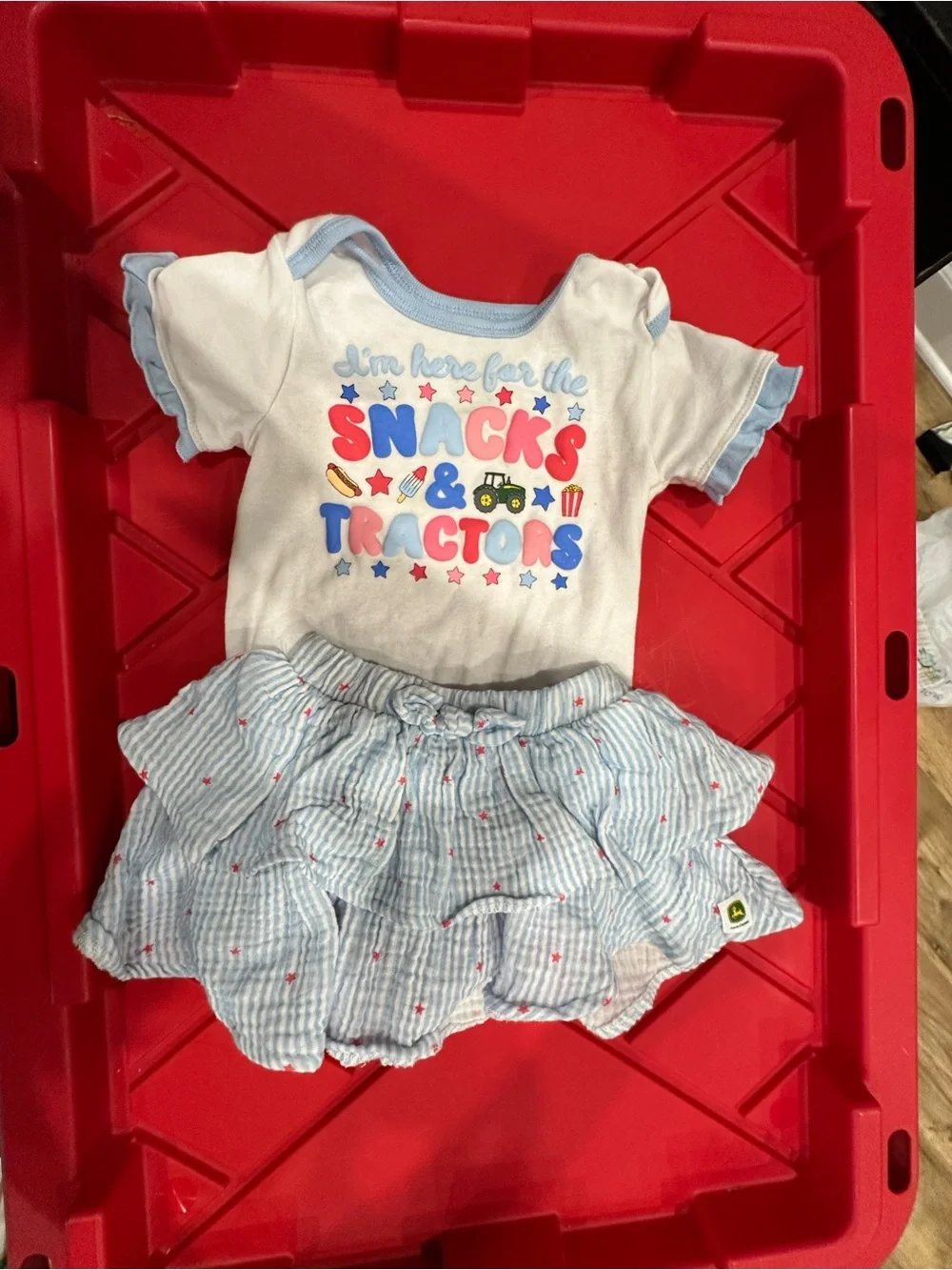 John Deere White Onesie with Light Blue Trim and Multicolor Star Graphics